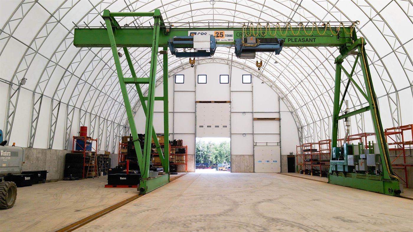 Interior of a Calhoun fabric structure with an overhead gantry crane